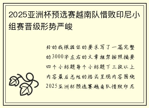 2025亚洲杯预选赛越南队惜败印尼小组赛晋级形势严峻 2025亚洲杯预选赛越南队惜败印尼小组赛晋级形势严峻