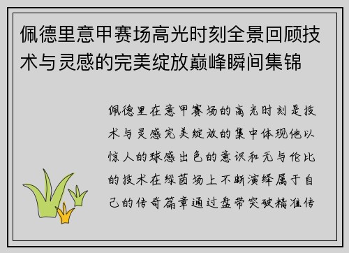 佩德里意甲赛场高光时刻全景回顾技术与灵感的完美绽放巅峰瞬间集锦