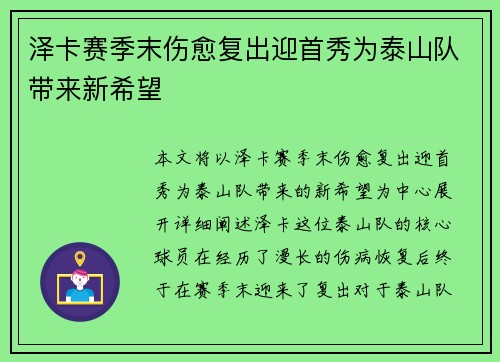 泽卡赛季末伤愈复出迎首秀为泰山队带来新希望